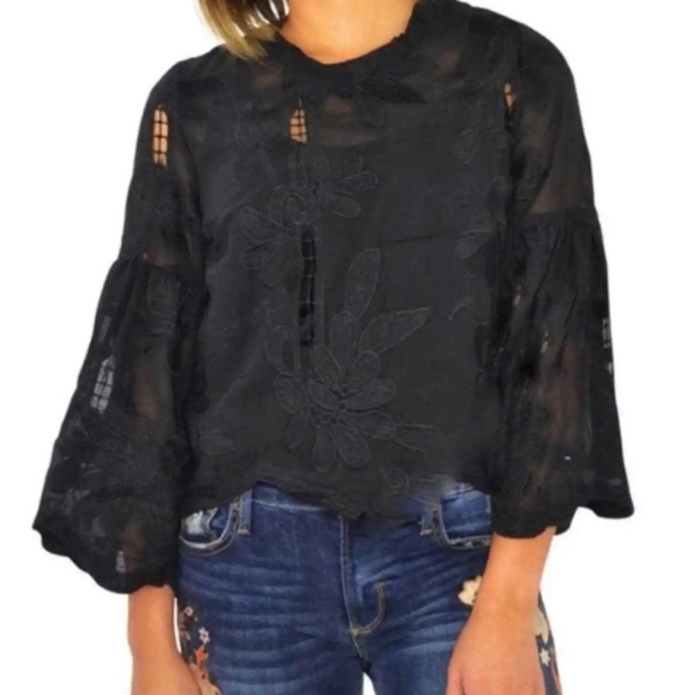BISHOP + YOUNG PALERMO FLARE SLEEVE TOP Sz M Sheer Elegant Party Holiday